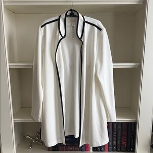 White Open Front Cardigan with Black Trim